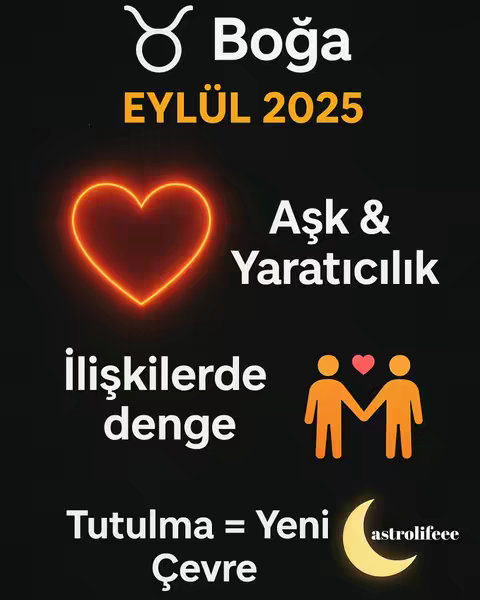 The cover image is a black background with white and yellow text and orange graphics. At the top is the Taurus symbol and the word "Boğa" followed by "EYLÜL 2025". Below that is a neon orange heart and the text "Aşk & Yaratıcılık". Further down is the text "İlişkilerde denge" next to two orange figures holding hands with a pink heart above them. At the bottom is the text "Tutulma = Yeni Çevre" and a yellow crescent moon with the word "astrolifeee" inside.