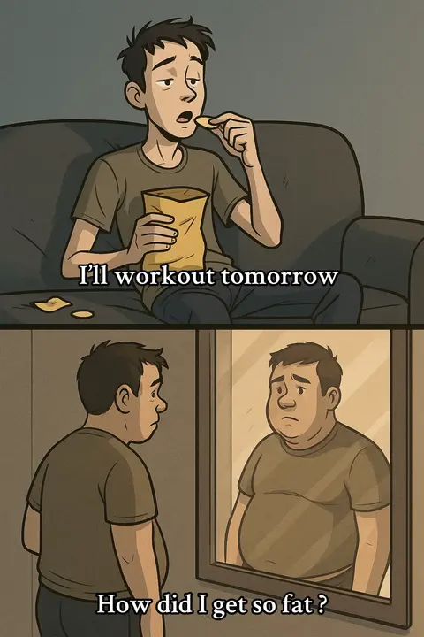 A cartoon with two panels. In the top panel, a young man sits on a couch, holding a bag of chips in one hand and a chip in the other. The text "I'll workout tomorrow" appears below the panel. The bottom panel shows the same man looking at his reflection in a mirror, with a visible belly. The text "How did I get so fat?" appears below the panel.