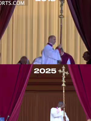 The image is vertically split. The upper half shows a group of people, including a man in white robes holding a staff with a cross, looking towards the right. The lower half displays a similar scene with a man in white robes holding the staff, and a backdrop with some form of red curtains are in both halves. The text '2013' is superimposed on top and '2025' at the bottom of these images as well. The overall composition is formal, solemn, and depicts a religious setting on a sunny day.