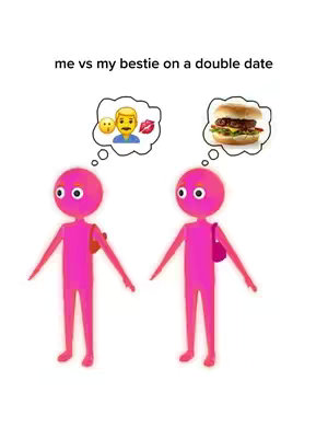 The image features two stylized pink figures standing side by side against a clean white background. Above each figure's head are thought bubbles. One bubble contains a combination of emoji depicting a person with a kiss, and the other contains a burger. The text overlay 'me vs my bestie on a double date' is at the top of the image.