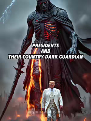 A digitally rendered image depicting a large, imposing, dark figure with glowing red eyes and a skeletal chest, looming over a smaller, realistically depicted figure of Donald Trump. The background is a dark, stormy sky with lightning. The text "PRESIDENTS AND THEIR COUNTRY DARK GUARDIAN" is overlaid.