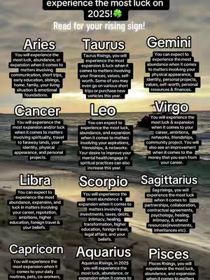 An image displaying a list of zodiac signs with text explaining where each sign will experience the most luck in 2025. The background appears to be a beach scene.