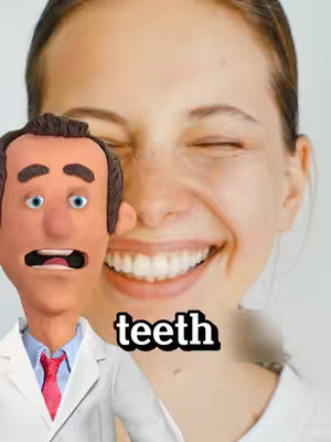 The cover image features a split screen. On the left is a 3D cartoon doctor with a surprised expression, holding a red tie, next to a lower-third text box containing the word "teeth". On the right is a blurred image of a person smiling widely, showing perfectly white teeth. The background is neutral.