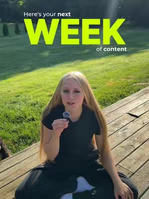 The cover image shows a woman with long blonde hair seated on a wooden deck. Behind her is a green lawn and some trees. Text overlays the image to promote the week's content.