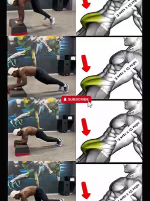 The cover image is a vertical compilation of scenes demonstrating an ab workout. On the left side, there’s a sequence of images showing a man performing exercises on a step, changing poses with each frame. On the right, graphic illustrations depict the abdominal muscles showing the workout's targeted areas, with annotations labeling '3 sets x 15 reps' and red arrows pointing towards the highlighted areas. A 'SUBSCRIBE' button is visible in the middle.