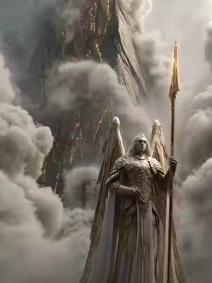 A digital image showcases a celestial scene. A tall, winged angel with fair skin and flowing white robes stands prominently in the foreground, holding a golden spear. The angel is poised against a background of swirling, grey clouds, with a mountainous structure visible in the distance. The overall atmosphere is ethereal, with soft lighting and a cool color palette dominated by whites, greys, and gold.