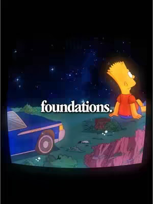 The cover image is a cartoon scene set at dusk or night. Bart Simpson is seated on a cliff, appearing to gaze at the starry sky. Behind him, a blue car is parked. The word "foundations." is written in white, centered near the bottom.