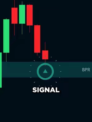 The image showcases a trading chart with candlestick patterns, green and red bars indicating price movements, and a horizontal band labeled 'BPR' (Balanced Price Range). A circular element with an upward-pointing triangle is positioned below, with the text 'SIGNAL' beneath it. The background is a dark teal.