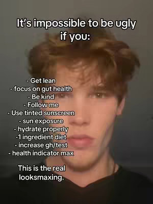 A selfie-style image featuring a young man with light skin and a hint of stubble, looking directly at the camera with a neutral expression. He has light brown hair that is styled in a slightly messy fashion. Overlayed on the image are words in a vertical list format. The background appears to be a solid neutral color with no distractions.
