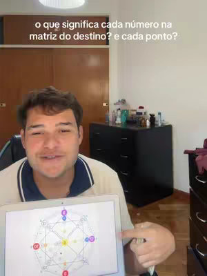 A man is holding a tablet showing a diagram while talking to the camera. The tablet displays a colorful geometric design. Behind him is a room with wooden floors, a closed door, and a dresser.