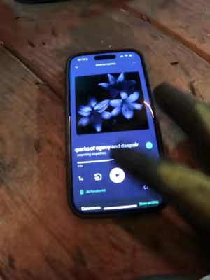 A smartphone displays the interface of a music application. On the screen, a dark background showcases a picture of blue flowers. The app's interface features song title and artist information at the bottom, along with play/pause controls and a progress bar. The phone is held at an angle, and the right hand of the person holding the phone with dark skin, is visible.