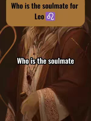 The image shows a close-up of a person wearing a robe with a scarf over their shoulders. Text overlays appear in a brown rectangular shape, and at the top, it reads \Who is the soulmate for Leo? The zodiac symbol for Leo is also next to the word Leo. The background of the image shows the person's hands, the person is wearing a necklace.