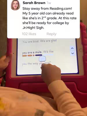 The cover image shows a child's hand interacting with a tablet screen. The tablet is in front of the child, and the screen displays a reading activity. A text overlay from the app developer Sarah Brown is above, and there's a glimpse of the creator in a profile picture.