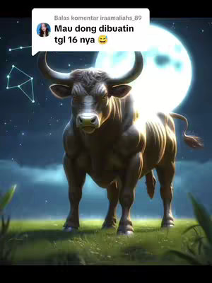 A digitally created image featuring a brown bull at the center, set against a backdrop of a dark, starry night with a prominent full moon. The bull has detailed musculature, is facing slightly to the left, and appears to be illuminated from behind by the moon, creating a glowing effect. The image has a fantasy vibe and utilizes a deep blue and gray color palette.