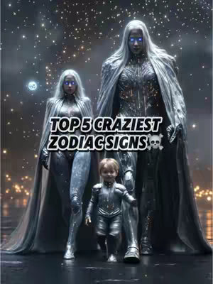 An AI-generated image shows three figures standing against a starry background. The main focus is on a large, humanoid figure in a silver suit with a long cloak, flanked by another similar but smaller humanoid, and a small child. Both humanoids have glowing blue eyes. The words 'TOP 5 CRAZIEST ZODIAC SIGNS' are prominently displayed on the image. The visual composition is stylized and somewhat fantastical.