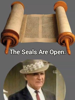 The cover image features a combination of an image of an open scroll and a portrait of a man wearing a hat. The scroll, at the top, has a beige background with complex text, shown as two open scrolls. Below, a man is depicted in a suit and is shown as a portrait. In black text it is written: The Seals Are Open