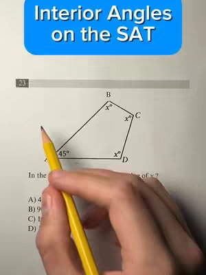 A hand holding a yellow pencil points towards a geometry problem on a page. The page has questions and a geometric shape diagram with labeled angles.