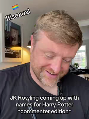 A man is looking down to the right, smiling. Above his head, a rainbow flag with the word "Bisexual" is written in a handwritten style. At the bottom, there's text in white text with a black outline.