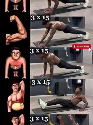 The cover image is a vertical compilation, featuring a series of images and text elements related to fitness. The upper left shows a diagram of a torso with highlighted areas and a series of exercises. The central and main part shows a man doing different exercises. The background is a gym setting with minimalist design.