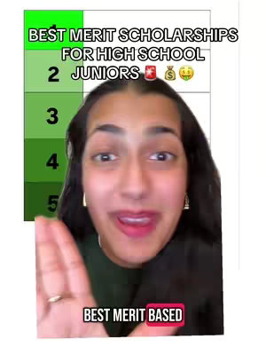 The cover image features a woman with dark hair and a fair complexion, her face filling most of the frame. She is smiling with her mouth open, and her finger is raised. Behind her and to the upper left are blocks of text, the topmost reading "BEST MERIT SCHOLARSHIPS FOR HIGH SCHOOL JUNIORS." A smaller text box at the bottom reads "BEST MERIT BASED."