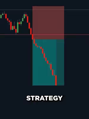 A chart with red and green candlestick patterns on a dark background. The candlestick patterns show a downward trend. A red rectangular box is overlaid on the upper portion of the chart, and a teal rectangular box encompasses the lower portion of the chart. The word 'STRATEGY' is displayed in large, bold white font at the bottom of the image.