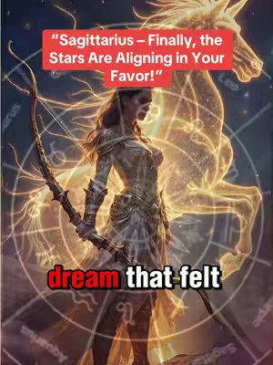 The image features a woman dressed in armor, holding a bow and arrow. She's standing in front of a glowing gold horse figure, with zodiac symbols in the background. The image has a stylized, almost fantasy art, look.