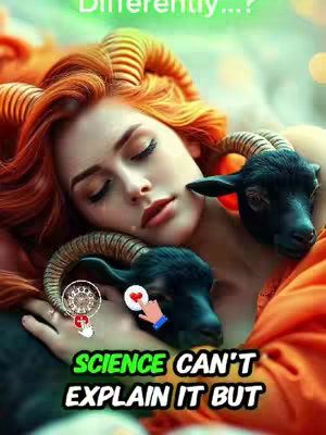 A surreal image shows a woman with bright red hair embracing two black goats. She is lying down, appearing asleep with her eyes closed, against a blurred, bokeh-filled background. The goats are nestled beside her, and overlaid text reads, 'Science Can't Explain It But'. The image uses warm tones and a soft, dreamlike aesthetic.