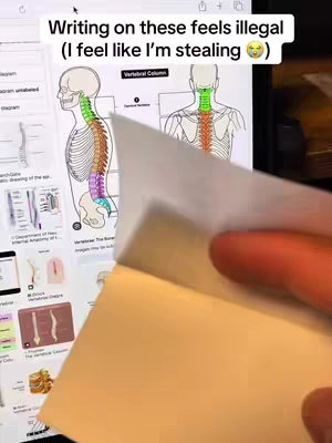 A hand is holding a white piece of paper in front of a laptop screen displaying an image of a spine with labels and a Google search bar. Text overlay reads: "Writing on these feels illegal. (I feel like I'm stealing 😳)"