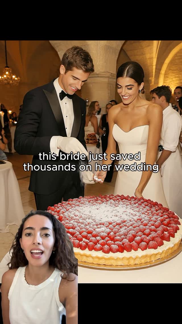 A cover image showing a wedding scene. A bride and groom stand together, smiling, as they cut a large, round cake covered in red fruit. The bride wears a white strapless dress, the groom a black tuxedo. A woman in a white top is in the foreground, overlayed on the original image, looking at the camera.