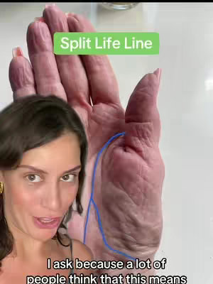 The cover image showcases a woman in the foreground, her face turned slightly to the side as she speaks, with a detailed shot of a hand in the background highlighted with blue line markings. At the top is the text "Split Life Line" in a green box.