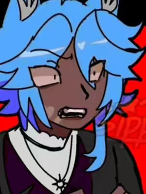A digital illustration of a character with blue hair, a dark skin tone, and a surprised expression. The character is wearing a black and purple outfit with a white collar. A red backdrop fills the background.