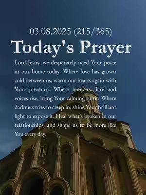 An image of a church in the evening, with a dark blue sky above. Text overlays the image and includes calendar information and a prayer. The building has a classical architectural style and is lit to emphasize its intricate details.