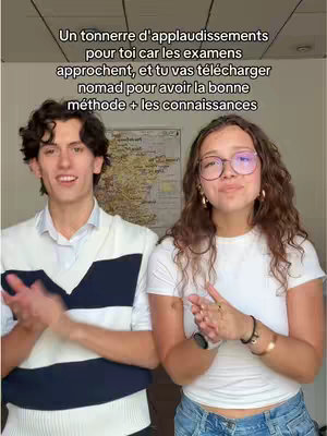 The cover image shows a young man and woman standing side-by-side, both looking toward the camera with smiles. The man is on the left, wearing a white sweater with navy blue stripes and a collared shirt underneath. The woman is on the right, wearing a white t-shirt and glasses. She's wearing earrings, a watch, and bracelets. The background includes a map on the wall. Text overlays the image providing information for the viewer.