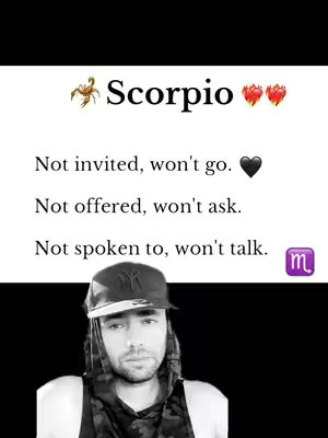 A grayscale split image; the top half shows a white background with black text about Scorpio traits, while the bottom half features a man in a camo hoodie and black hat posing for the camera.