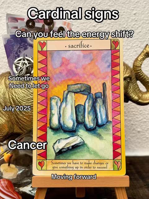The cover image shows a large tarot card standing on a small wooden easel. The card has a depiction of Stonehenge under a colorful sunset, with text overlaying it. Elements like a bronze elephant statue and a pile of cards can be seen on the sides.