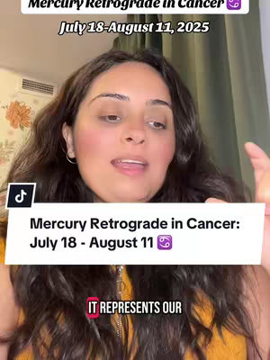 A woman with dark hair and wearing a yellow top is centered in the frame, with text overlays about Mercury Retrograde in Cancer. She is looking at the camera and talking.