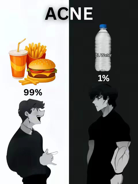 An illustrated comparison presented with a white and black split background.  On the white side, images of fast food and a person are displayed. The other side has a water bottle and another person with a muscular physique suggesting transformation. Text overlays label "ACNE".