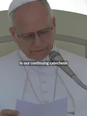 A medium shot shows a man, recognizable as Pope Francis, speaking into a microphone. He wears a white zucchetto and glasses and is reading from a piece of paper. Text overlaid at the bottom reads "In our continuing catechesis". The background is blurred and neutral in color.