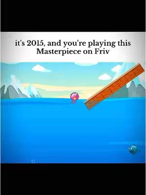 The image features a nostalgic video game scene; the top part shows the text overlay; the bottom half shows a game setting with water, a reddish-pink sphere on the surface, a wooden ramp, a blue-colored sea, with hints of land, and a fish swimming by.