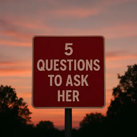 A square image featuring a red road sign against a vibrant sunset backdrop. The sign prominently displays white text that reads "5 QUESTIONS TO ASK HER" in simple, bold capital letters. The sky transitions from warm orange to a soft pink at the horizon. Silhouetted trees are visible along the bottom framing the view.