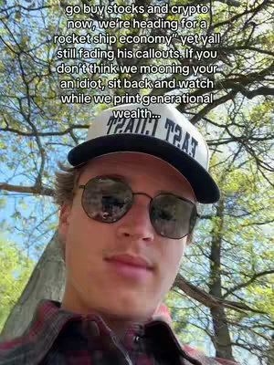 A selfie of a young man wearing sunglasses and a backwards baseball cap. The image is taken from the chest up, with a blurred background of trees and greenery. The overlaying text provides a call to action regarding investing in stocks and crypto.