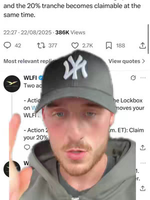 A man in a grey cap with a white NY logo is speaking. Behind him is a Twitter feed with information about $WLFI and its actions. Overlayed is a hand gesture.