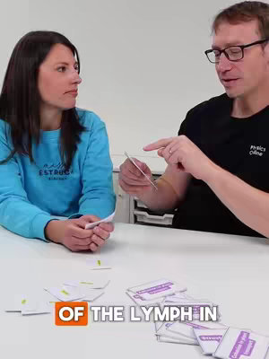 Two people, a man and a woman, are seated across from each other at a white table. They are surrounded by flashcards. The man wears glasses, and both appear to be engaged in a card game. The bottom of the image has a text overlay in orange.