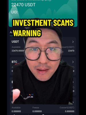 A selfie-style shot with a man looking directly at the camera. The background is a screen displaying financial information. The overlay text has black borders, with "INVESTMENT SCAMS" in yellow and "WARNING" also in yellow.