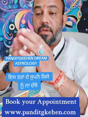 A man in a white shirt with a trimmed gray beard and a red bindi is centered, partially obscuring his right arm and hand. The background has a colorful, artistic blue and patterned design. Overlaid text appears in a blue rectangular box, as well as 'Book your Appointment' below, with a website address.