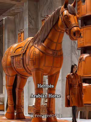 The image showcases a large, detailed wooden statue of a horse, designed to resemble a Hermes bag, positioned in an architectural setting. A woman in a brown coat stands nearby. The color scheme is dominated by warm browns and oranges, creating a luxurious and artistic aesthetic.