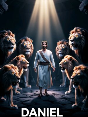 The image depicts a biblical scene from the book of Daniel. It features a man surrounded by several lions, with a bright light shining down from above. The man is positioned in the center, walking towards the viewer, creating a dramatic focus. Below the scene, the name 'DANIEL' is written in bold white letters.
