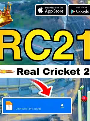 The cover image displays a vibrant, digitally created advertisement for Real Cricket 21. Dominating the top half is the bold, attention-grabbing text 'RC21' in a large, yellow font, set against a backdrop of a blurred cricket stadium image. Below this, within a white rectangular box with a blue background, prominently features a download file icon and the text 'Download (544.25MB)'. A stylized red arrow directs the viewer's eye towards the download button. The top of the image includes app store logos for both Apple and Google Play, and a golden crown is slightly visible on the upper left. Several cricket props, like a ball and wickets, add to the sport's theme.