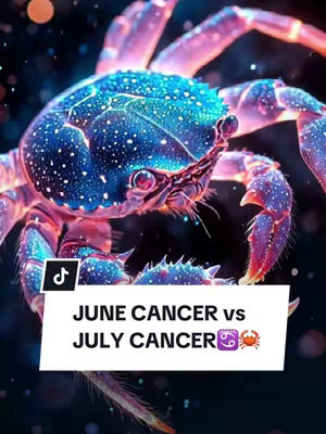 A stylized image of a crab, rendered with a blue and purple color palette. The crab's shell has a starry texture, with highlights and a dark background. The image has added text at the bottom with the title "JUNE CANCER vs JULY CANCER" with related emojis.