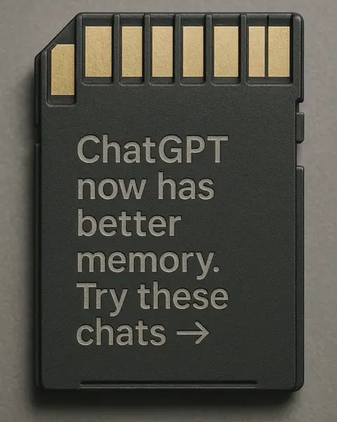 The image features a dark gray SD card, a rectangle with rounded corners and a gold-colored top. The card displays the text 'ChatGPT now has better memory. Try these chats ->' in a light gray, sans-serif font suggesting improved functionality.